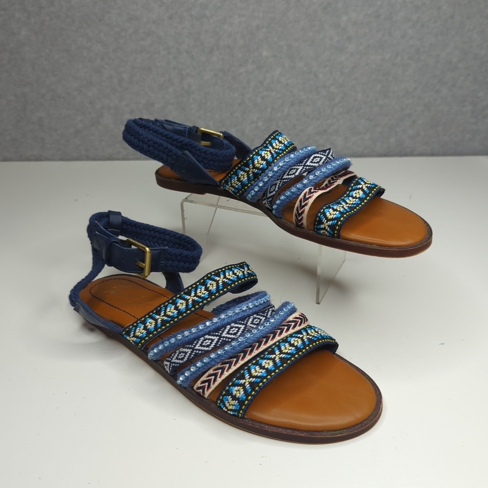 Mari A. Sandals Womens Sz 8 Blue Multi Mix Strap Aztec Ankle Bohemian Boho Flats